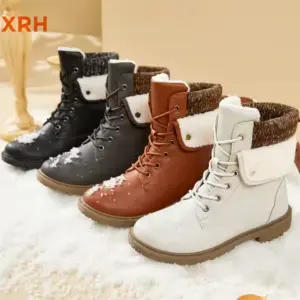 Four pairs of Wholesale Anti-Slip Lace up PU Upper TNIS Custom Shoes Designer White Boot Winter Snow Boots for Women 2025—black, dark gray, brown, and white—are displayed in a row on snow against a beige background.