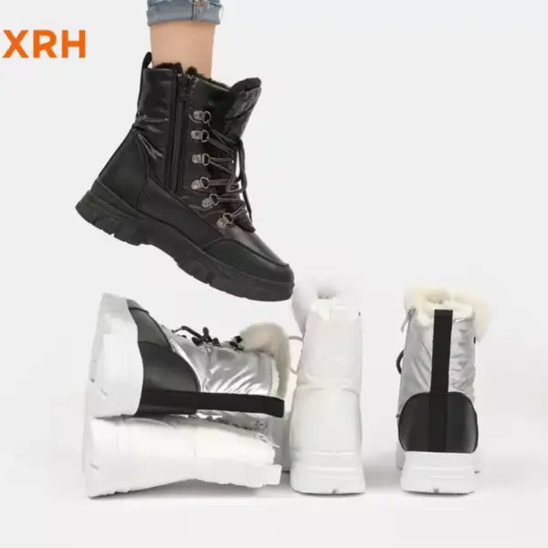 A person wearing a black boot steps on four stacked New Arrivals Waterproof Zipper Anti-Slip Adjustable Lock Lace Up PU Upper Fur Lined Warm Women’s Snow Winter Boots in silver, white, and black against a plain white background.