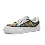 A men's white canvas sneaker with a thick rubber sole, black trim, and colorful cartoon tapestry upper—wearable, breathable, laced sport shoes from Wholesale Factory 2024, available for OEM/ODM customization.