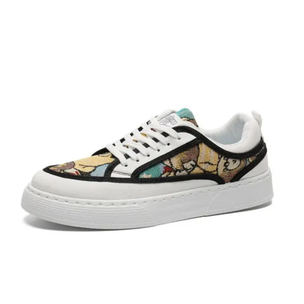 A men's white canvas sneaker with a thick rubber sole, black trim, and colorful cartoon tapestry upper—wearable, breathable, laced sport shoes from Wholesale Factory 2024, available for OEM/ODM customization.