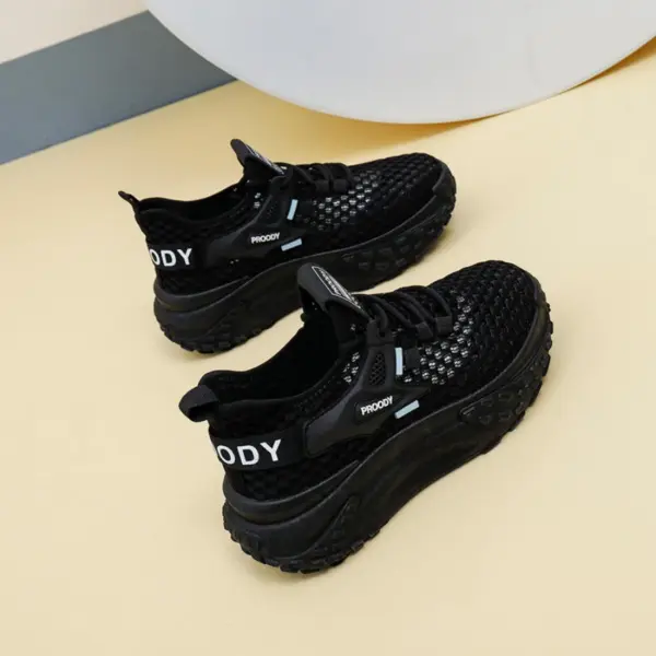 A pair of 2025 summer low-price mesh round toe women's sneakers with lace-up design and "PRODDY" lettering, featuring thick textured soles—available for OEM/ODM customization.