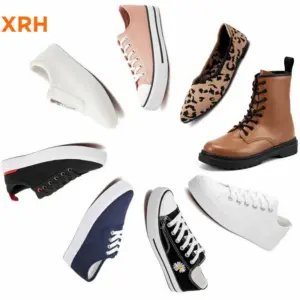 Nine pairs of Low Freight White Tennis Canvas Sneakers, Black Walking Shoes, Ladies Loafers, and other new women's casual shoe styles are arranged in a circle on a white background.