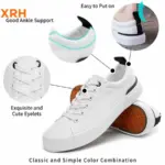 Low Freight White Tennis Canvas Sneakers for women are shown with black accents, featuring ankle support, pull tab, and metal eyelets. OEM/ODM available. Text: "Classic and Simple Color Combination.