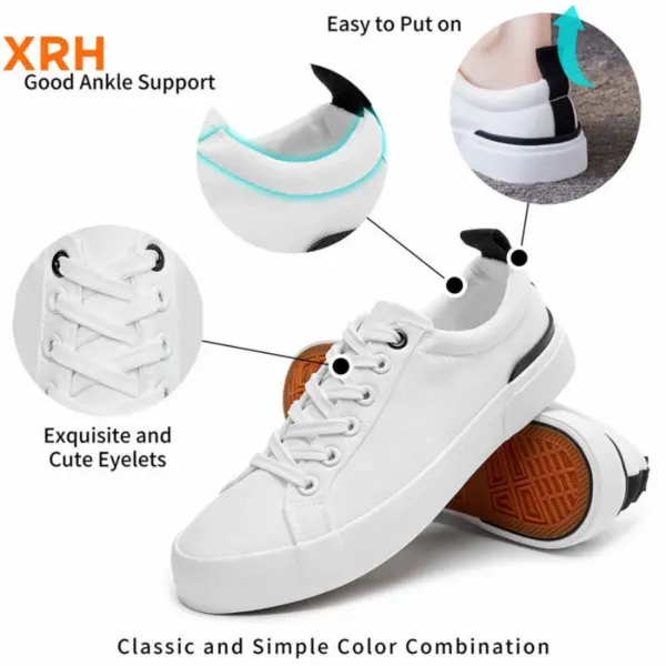 Low Freight White Tennis Canvas Sneakers for women are shown with black accents, featuring ankle support, pull tab, and metal eyelets. OEM/ODM available. Text: "Classic and Simple Color Combination.