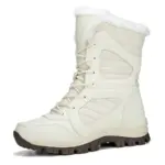 A single white OEM ODM 2025 large size round toe snow boot with faux fur lining, detailed stitching, lace-up front, thick TPR sole, PU upper, and warm cotton interior for daily wear.