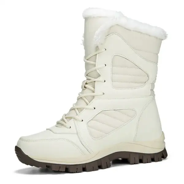 A single white OEM ODM 2025 large size round toe snow boot with faux fur lining, detailed stitching, lace-up front, thick TPR sole, PU upper, and warm cotton interior for daily wear.
