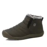 A single olive green, low-top waterproof outdoor cotton snow boot with yellow stitching, faux fur lining, elastic panels, and rubber sole is shown—ideal for OEM/ODM production of large size men and women’s shoes.