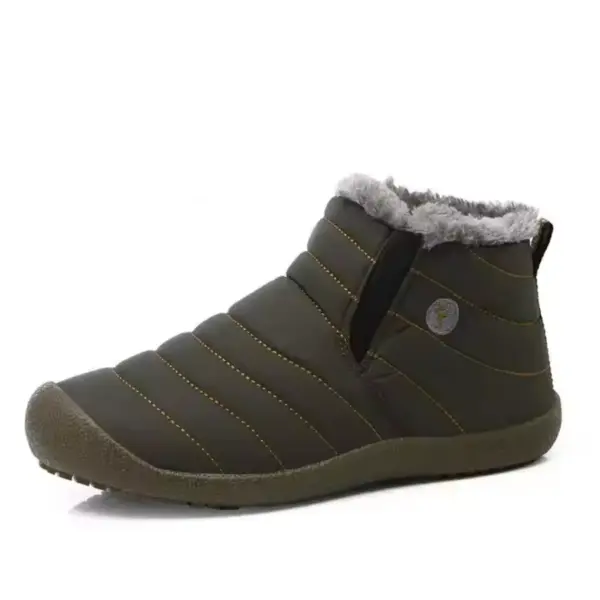 A single olive green, low-top waterproof outdoor cotton snow boot with yellow stitching, faux fur lining, elastic panels, and rubber sole is shown—ideal for OEM/ODM production of large size men and women’s shoes.