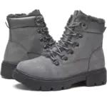 Gray waterproof ankle boots with black laces, metal eyelets, plush fur lining, chunky rubber soles, and side zipper—ideal for OEM/ODM customization. Wholesale leather snow weather winter boots for men and women.