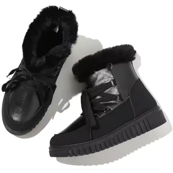 A pair of Fashion Leather Ladies Winter Snow Hiking Boots, waterproof outdoor walking style for women, with faux fur lining and thick rubber soles, lace-up fronts, displayed on a white background.