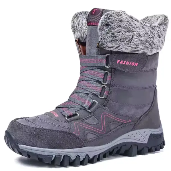 Wholesale customizable leather women’s snow boots feature a gray design with pink accents, faux fur lining, rugged rubber sole, lace-up front, and “FASHION” printed on the side. OEM and ODM orders welcome.