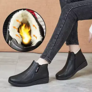 A person wears Women Shoes Snow Boots—zipper, waterproof, leather, fur-lined for warmth and comfort; an inset highlights the cozy cotton fur and insulation. Non-slip, classic winter ankle boots ideal for OEM ODM customization.