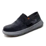 A single New Retro Men’s black suede loafer with a thick light gray sole and top strap, featuring light shock absorption. Available for OEM/ODM customization and wholesale.