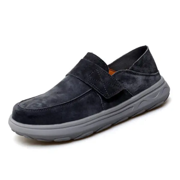 A single New Retro Men’s black suede loafer with a thick light gray sole and top strap, featuring light shock absorption. Available for OEM/ODM customization and wholesale.