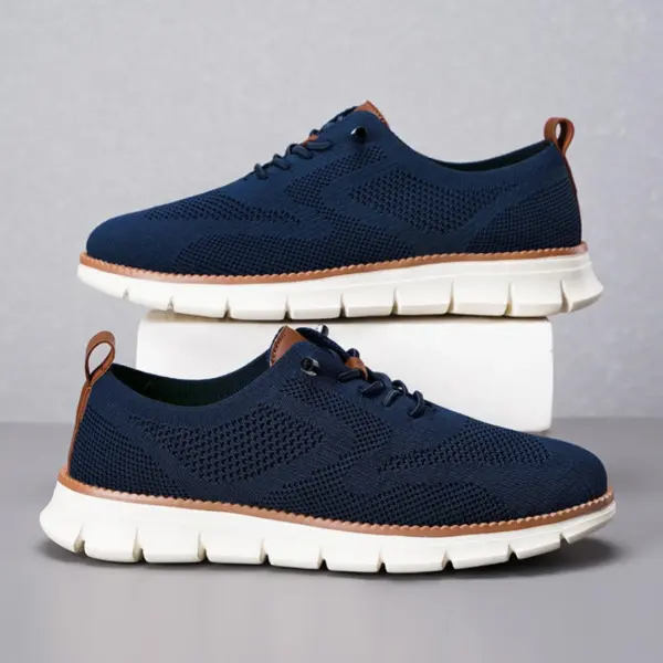 Big Size Men's Lace up Light Weight Sports Shoes in navy blue with breathable flying weave mesh and EVA sole, showcased side by side on a light gray background—perfect for OEM & ODM customization.