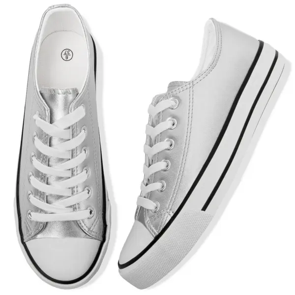 A pair of Hot Sale customizable PU upper women's canvas shoes with white rubber soles, black stripe accents, and white toe caps—lightweight and trendy, shown from top and side views; perfect for OEM/ODM customization.