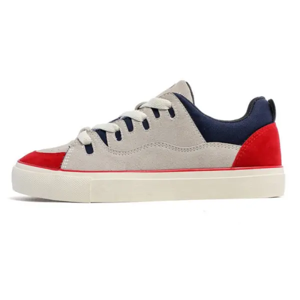 The Customizable Retro Mixed Stylish Plush Walking Sneakers feature a beige suede upper, red toe and heel accents, navy blue collar, white laces, and white rubber sole—perfect for OEM/ODM customization.