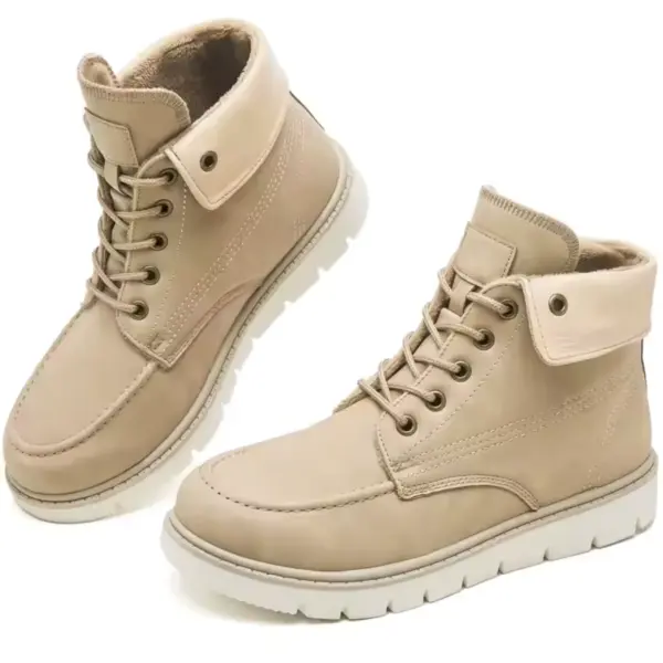 Fashion Leather Low Heel Plus Size Winter Snow Hiking Boots for Men and Women, featuring light tan lace-up design, white rubber soles, side stitching, and fold-over padded collars—perfect for OEM or ODM customization.