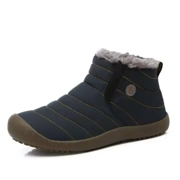 Factory Wholesale OEM ODM low top black slip-on waterproof outdoor cotton snow boots with brown rubber sole, horizontal stitching, elastic side panel, and gray faux fur ankle lining; available in large sizes for men and women.