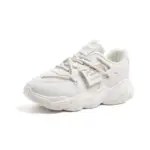 The Women's Sneakers Low Top Mesh Thick Sole Height Increasing Wear Resistant Outdoor Sports Shoe features a chunky sole, mesh and synthetic upper, and decorative lace tags—ideal for OEM or ODM customization. Displayed on a white background.