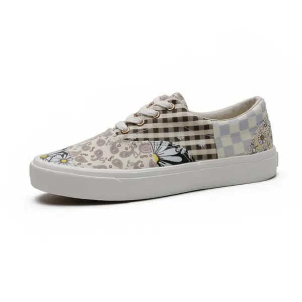 The Wholesale Mixed Wearable Canvas Shoes are low-top lace-up breathable sneakers with a white sole and a patchwork of floral, paisley, plaid, and checkerboard patterns in beige, black, and light blue; OEM/ODM customization available.