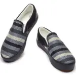 A pair of Fashion Ladies Comfortable Low Tops Stripe Printed Canvas Shoes with black soles and black, gray, and white striped uppers, displayed on a white background. Suitable for office wear and casual trendy outfits.