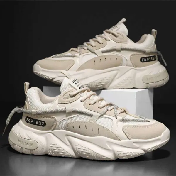 A pair of beige and white FA1987 and ESK-1987 chunky summer mesh sneakers with thick anti-slip PU rubber soles, ideal for men's outdoor sports. Factory wholesale OEM/ODM customization available.