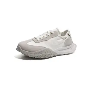 The New Mesh Breathable Sports Sneakers Summer PU Women's Rubber Lace up Shoes in white and beige feature mesh and suede panels with a textured sole, shown from a front side angle on a white background.