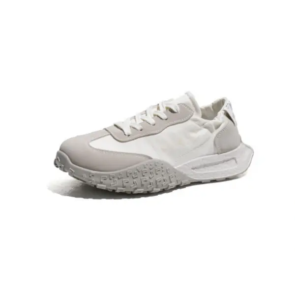 The New Mesh Breathable Sports Sneakers Summer PU Women's Rubber Lace up Shoes in white and beige feature mesh and suede panels with a textured sole, shown from a front side angle on a white background.