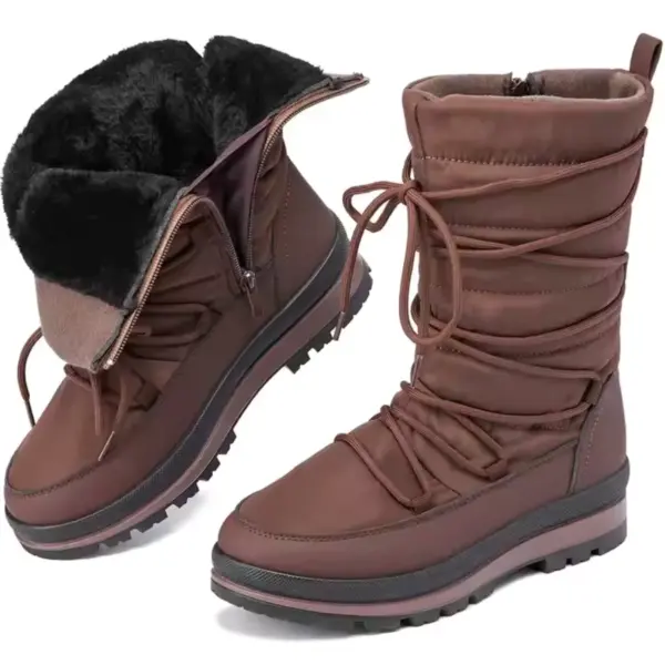 High Quality Winter Platform Mid Calf Boots for women with chunky heels, round toes, and leather finish—shown from various angles. Ideal for OEM/ODM customization.