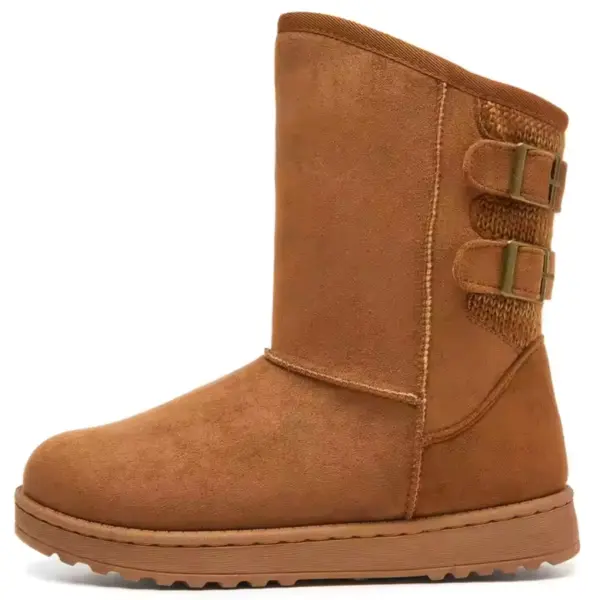 Wholesale custom winter snow boots for women featuring a brown suede mid-calf design, flat sole, rounded toe, two buckle straps, and knit back detailing—ideal for OEM/ODM customization.