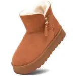 The New Design Ladies Warm Winter Snow Weather Ankle Boots for Women feature brown suede, a thick sole, side zipper, visible white faux fur lining at the top, and are available for OEM/ODM customization.