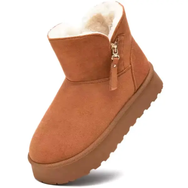 The New Design Ladies Warm Winter Snow Weather Ankle Boots for Women feature brown suede, a thick sole, side zipper, visible white faux fur lining at the top, and are available for OEM/ODM customization.