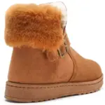 Wholesale Wenzhou Factory Casual Faux Suede Outdoor Winter Ankle Snow Boots—brown with a fur collar, side buckle, flat ridged sole; shown angled from back and side. Available for OEM/ODM customization.