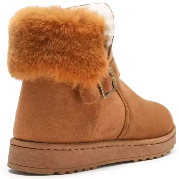 Wholesale Wenzhou Factory Casual Faux Suede Outdoor Winter Ankle Snow Boots—brown with a fur collar, side buckle, flat ridged sole; shown angled from back and side. Available for OEM/ODM customization.