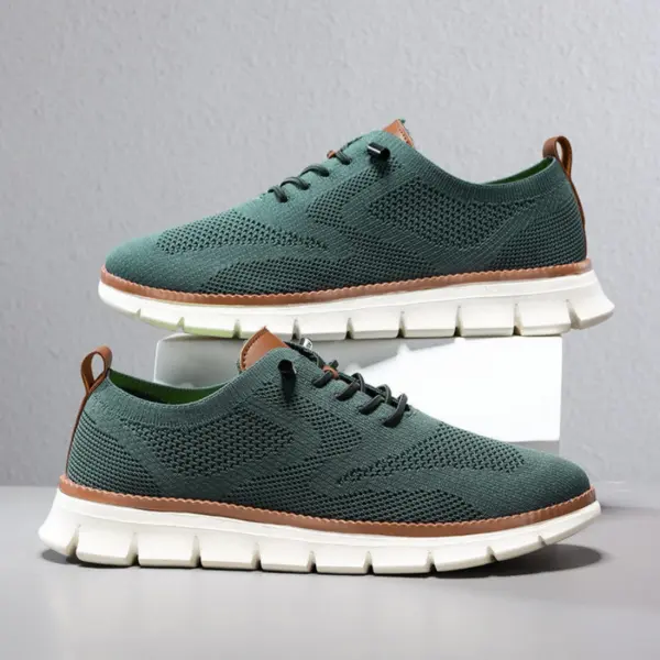 A pair of Big Size Men's Lace up Light Weight Fashion Hollow Out Breathable Flying Weaving Sports Shoes with EVA soles, shown in green with white soles and brown accents, displayed on a gray surface with one elevated on a white box.