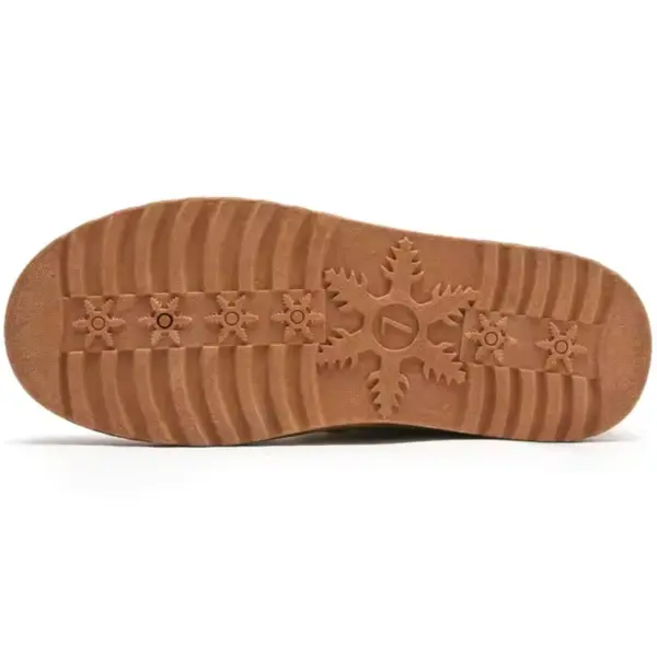 The image displays the sole of the Wholesale Wenzhou Factory Casual Faux Suede Outdoor Winter Ankle Snow Boots, with a snowflake tread pattern and parallel grooves for grip—perfect for OEM ODM footwear designs.