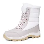 Factory Wholesale Custom OEM/ODM Winter Waterproof Women's Snow Boots with beige sole, white faux fur lining, and red-and-white laces—warm cotton shoes for cold weather and outdoor use.