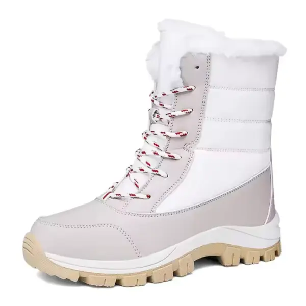 Factory Wholesale Custom OEM/ODM Winter Waterproof Women's Snow Boots with beige sole, white faux fur lining, and red-and-white laces—warm cotton shoes for cold weather and outdoor use.
