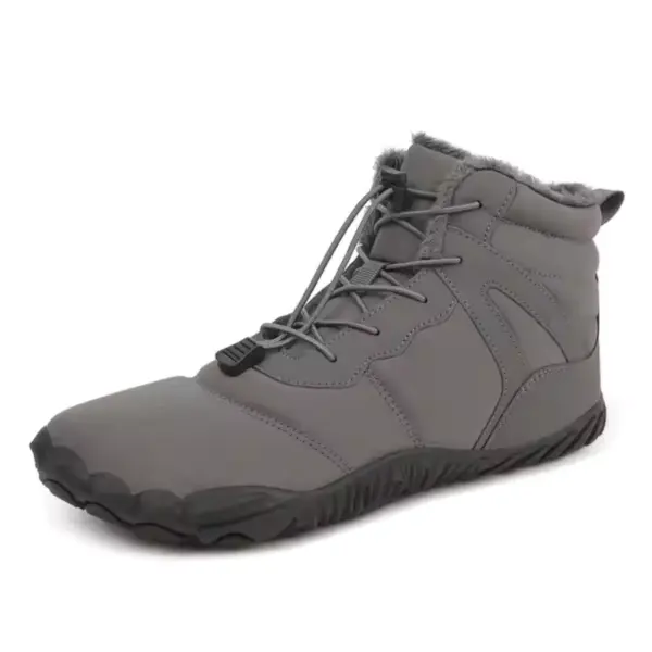 A Factory Wholesale Direct Sale Fashion Outdoor Men Women Snow Boot in gray with black laces, rubber sole, and padded, fur-lined collar—cold resistant soft cotton shoes shown on a white background, perfect for OEM/ODM customization.