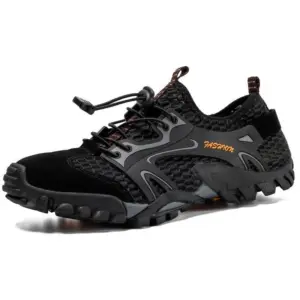 Black outdoor hollow mesh hiking shoe with anti-slip EVA rubber sole, adjustable bungee laces, "FASHION" text on the side, and available for OEM/ODM wholesale customization.