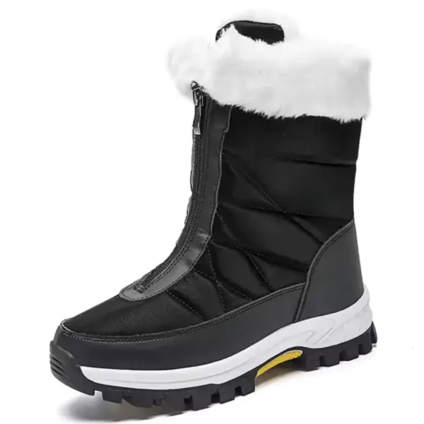 A black women's winter snow boot with thick white sole, front zipper, quilted design, and white faux fur trim—waterproof, available in plush large sizes for OEM/ODM customization to match your brand.