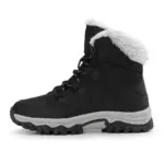 Custom Factory Style Winter Mid Top PU Women Snow Boots with thick sole and plush lining in solid black, lace-up front; profile view on white background—available for OEM or ODM customization.