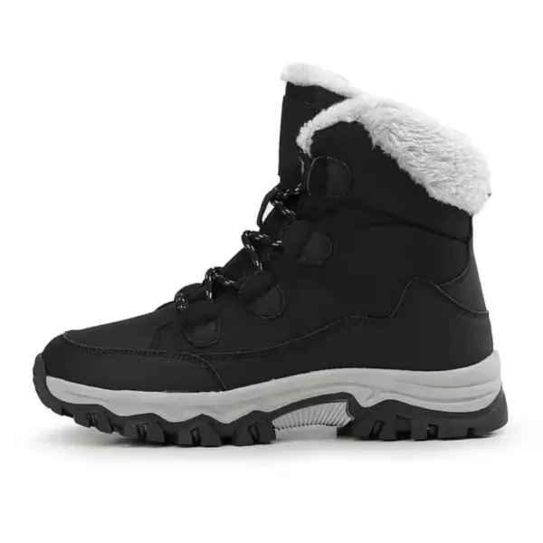 Custom Factory Style Winter Mid Top PU Women Snow Boots with thick sole and plush lining in solid black, lace-up front; profile view on white background—available for OEM or ODM customization.
