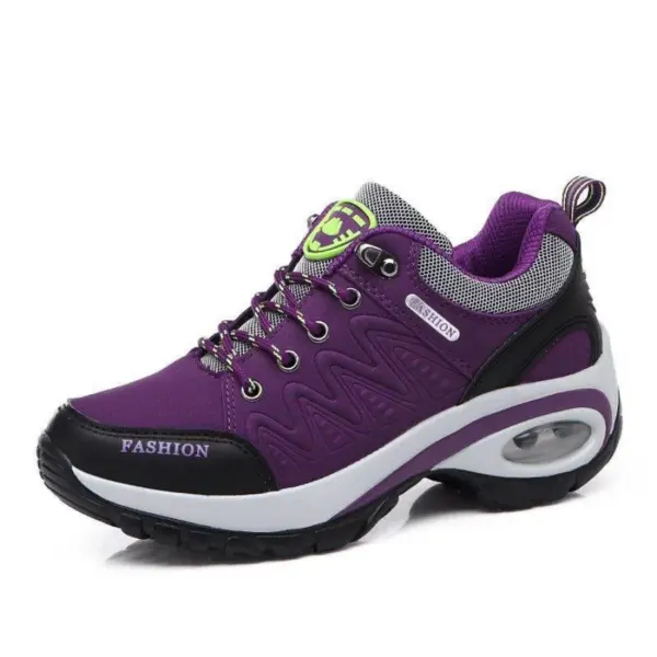 A breathable purple men's sports shoe with black and white accents, mesh details, visible sole cushioning, "FASHION" text, and round toe. Customizable OEM/ODM options available. Microfiber PU/EVA construction for 2024.