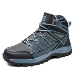 Wholesale customizable men's PU warm snow boots in gray and blue, featuring black toe cap, rugged anti-slip rubber sole, mesh and synthetic overlays, laces, and "WGGN" branding on side and tongue. Wear-resistant—ideal for hiking.