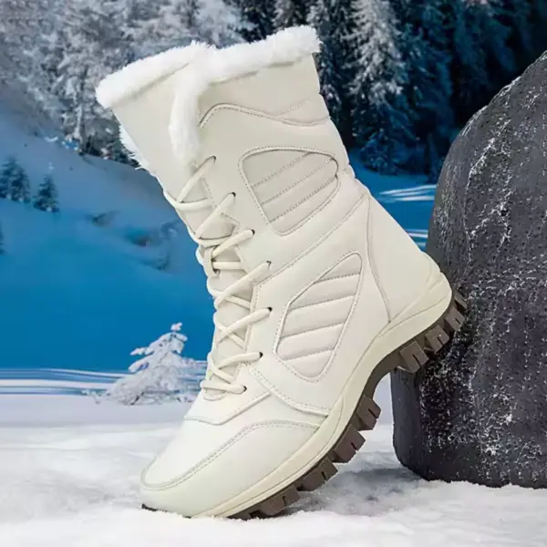 The OEM ODM 2025 large size round toe snow boots, made of PU and TPR with a warm cotton lining, are shown propped against a rock in the snow, trees in the background. Suitable for men and women, perfect for daily winter wear.