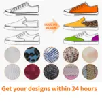 Illustration showing Fashionable Casual Waterproof PU Upper Slip on Flats Walking Shoes for Women with color and pattern options, fabric swatches, and text stating custom designs delivered within 24 hours.