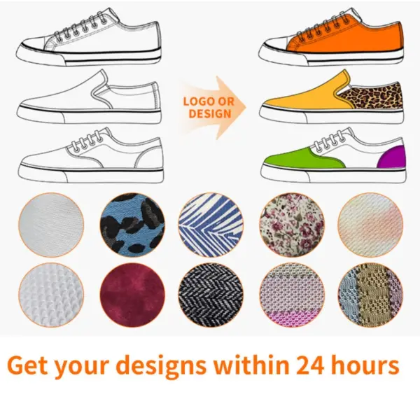 Illustration showing Fashionable Casual Waterproof PU Upper Slip on Flats Walking Shoes for Women with color and pattern options, fabric swatches, and text stating custom designs delivered within 24 hours.
