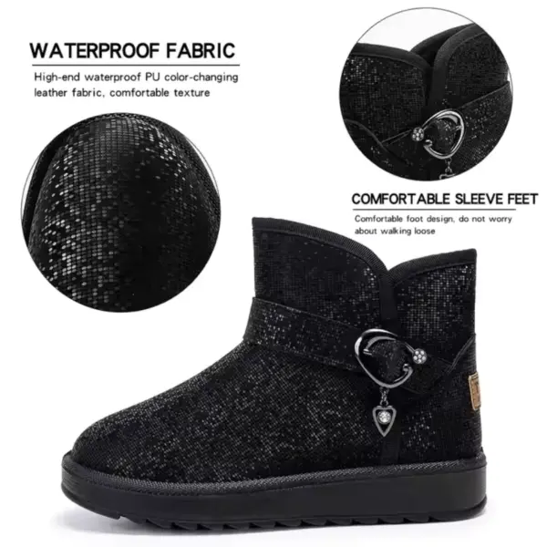 Wholesale customized OEM ODM plush thick waterproof faux fur winter ankle snow boots for women with textured surface, decorative heart and ring charm. Waterproof for comfort in any weather; customizable stylish designs available.